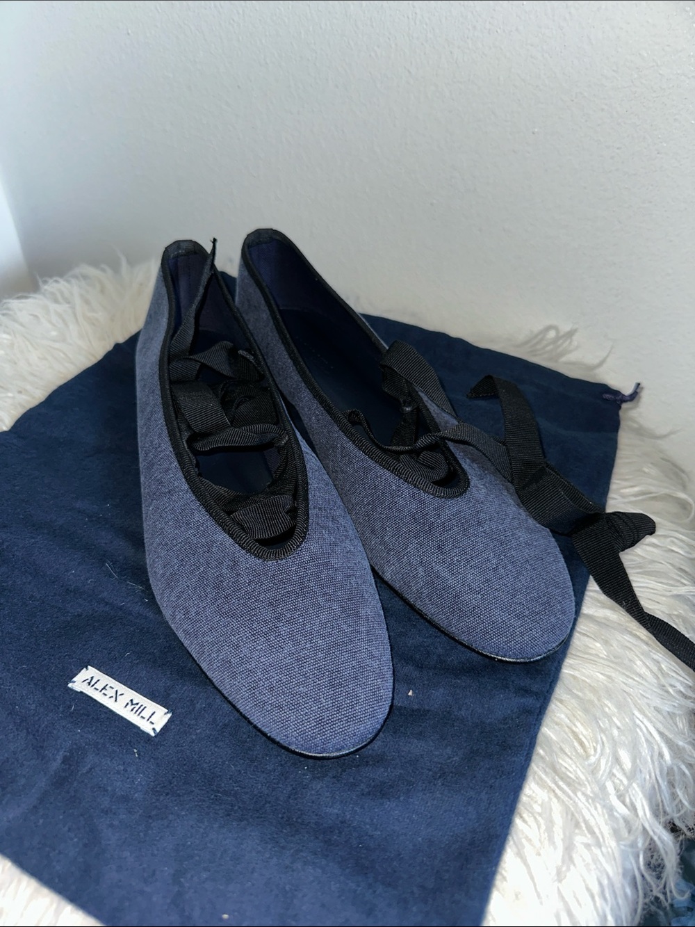 Alex Mill Navy Canvas Ballet Flats with Black Ribbon